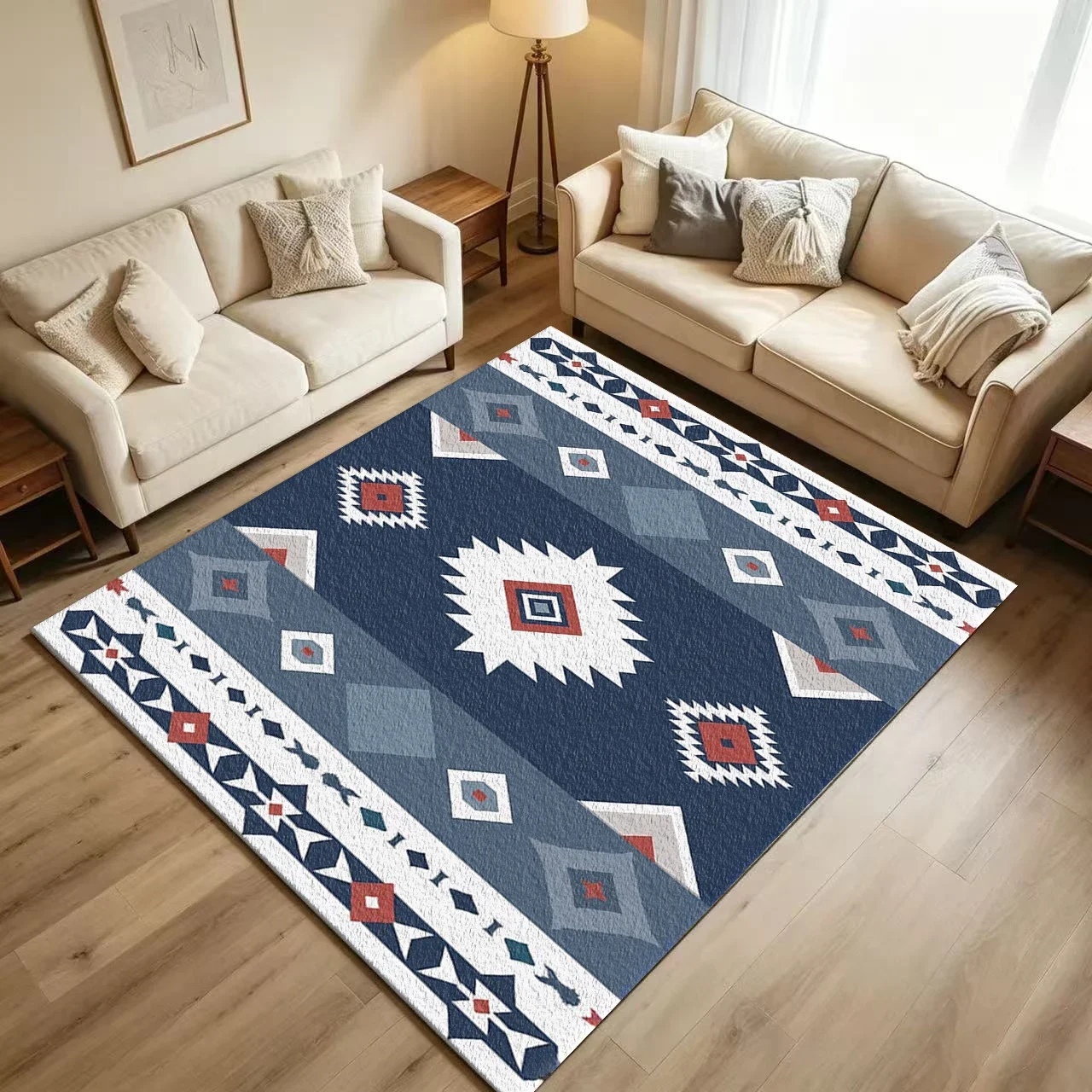 Navy Blue Red White Navajo Tribal Carpet Flooring Southwest Ethnic Diamond Geometric Ornament Seamless Pattern Printed Floor Rug