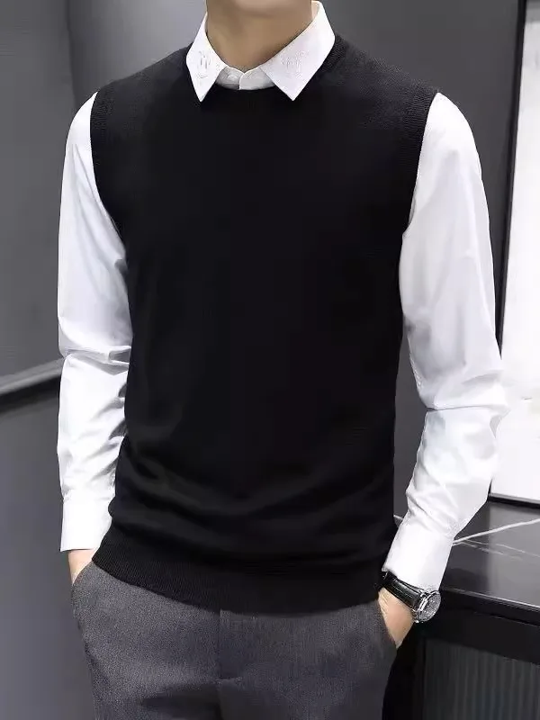 

Мужской вязаный жилет-свитер: теплый базовый слой, стильный топ с пэчворком, модный повседневный образ из полиэфирного волокна