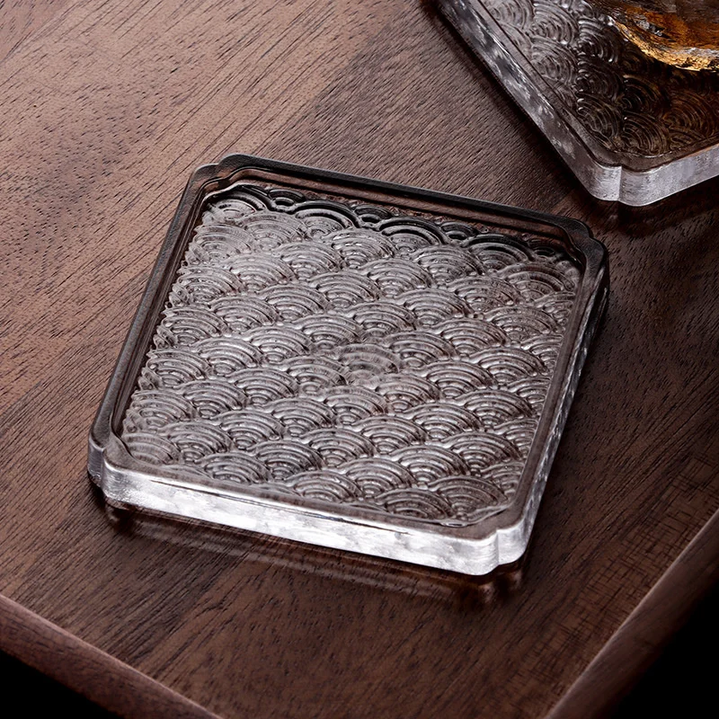 Japanese Style Sea Wave Pattern Glass Coaster, Square, Round, Whiskey, Teacup, Kung Fu Tea Cup Mat, Saucer, Wine Tumbler Holder