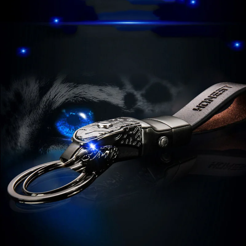 Creative LED Light Leopard Head Model Head Leather Car Key Chain Ring Braided Rope Pendant Car Styling Car Accessories Gifts