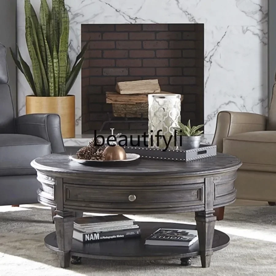 

LJYAmerican Country Style Solid Wood Round Small Apartment Living Room Coffee Table French Retro Home Storage Coffee Table