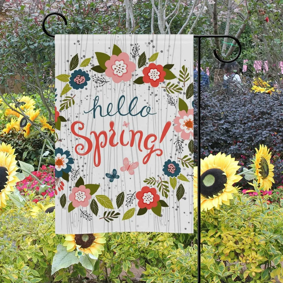 

Hello Spring Floral Flowers Leaves Garden Yard Flag Banner for Outside House Flower Pot Double Side Print Banner for Outside Hou