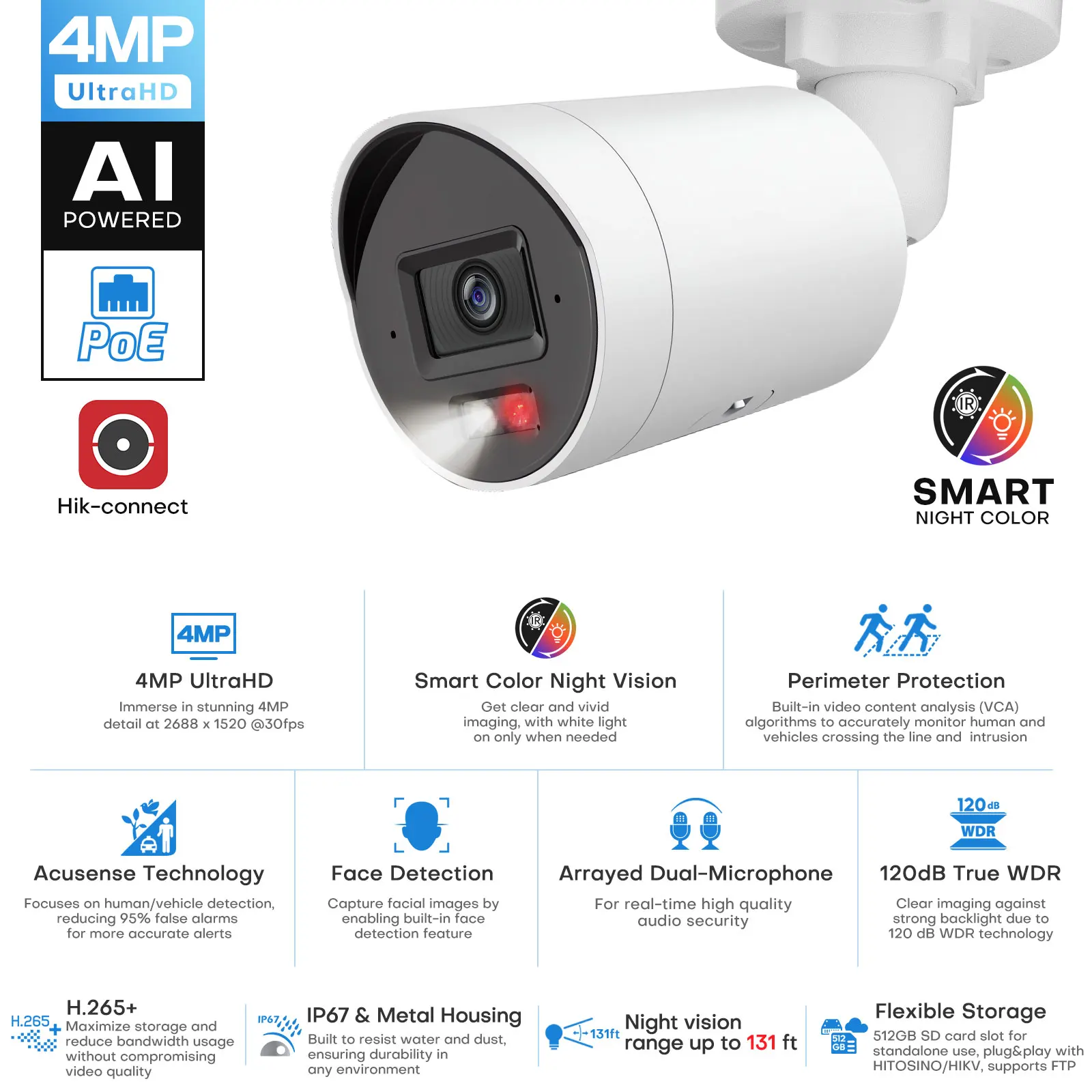 4MP Bullet IP Camera Human and Vehicle Detection Smart Hybrid Light Built-in Dual-MIC and SD card slot