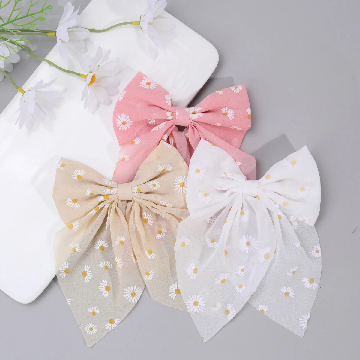 3pcs 7inch Bow Trailing Tassel Daisy Print Large Hair Clip Girl Hair Accessoires Hair Clips for Women and Girl Headwear