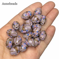 12x17mm Murano Purple Handmade Rose Flower Gold Line Lampwork Glass Oval Crafts Bead For Jewelry Making Diy Bracelet Accessories