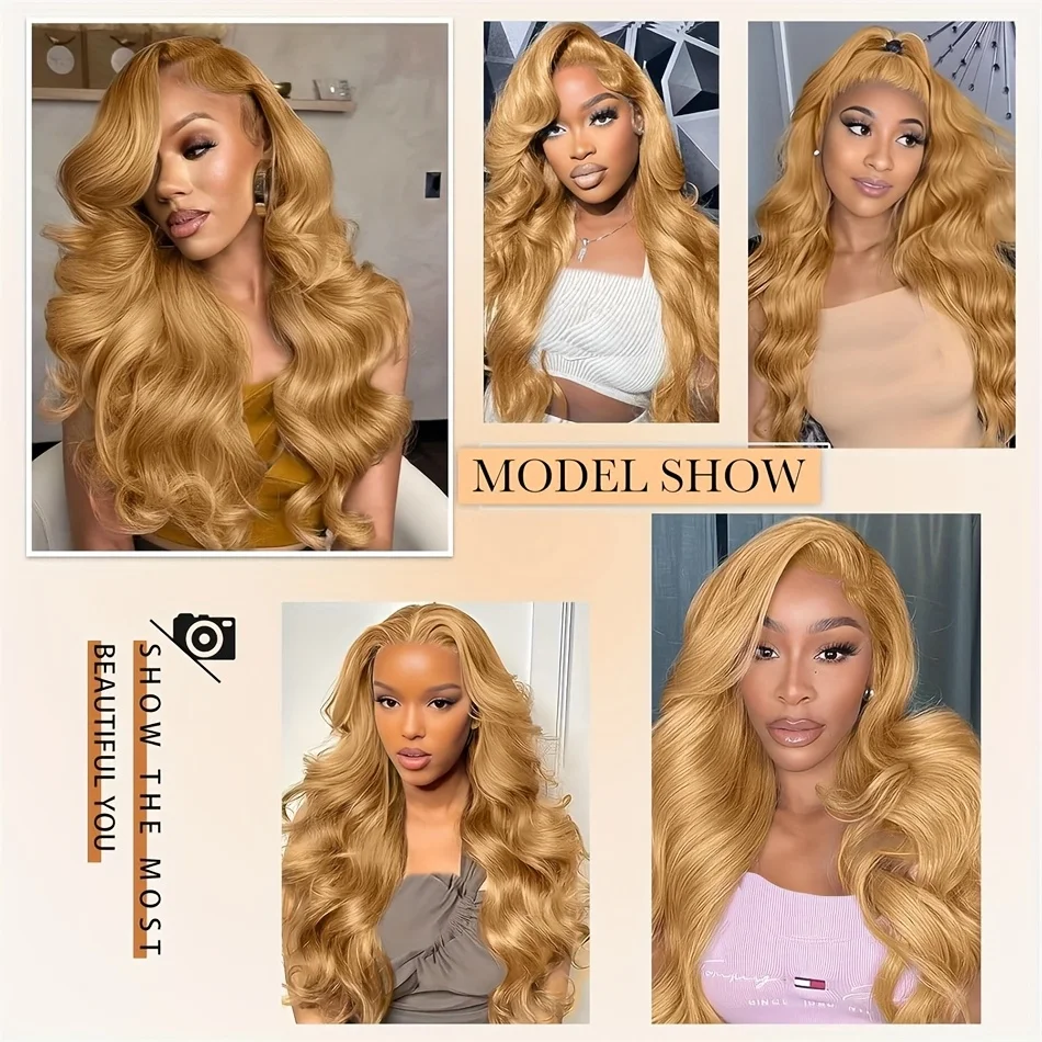 32 Inch Honey Blonde Wig Human Hair Wig 13x6 Transparent Lace Frontal Wigs Pre Plucked Body Wave Wig 200% Density #27 Colored