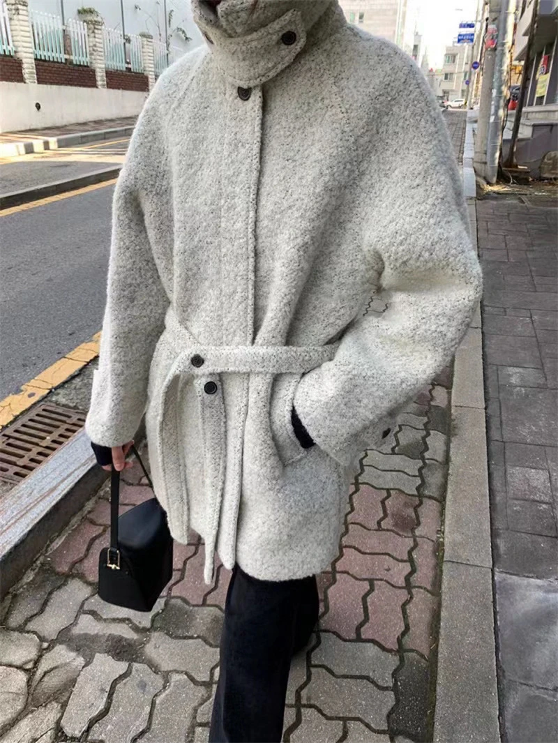 

PREON Wool Blend Coat with Belt Mid-Length Stand Collar Thi Autumn Winter Women's Faion Commute Sle Long Sve Coat