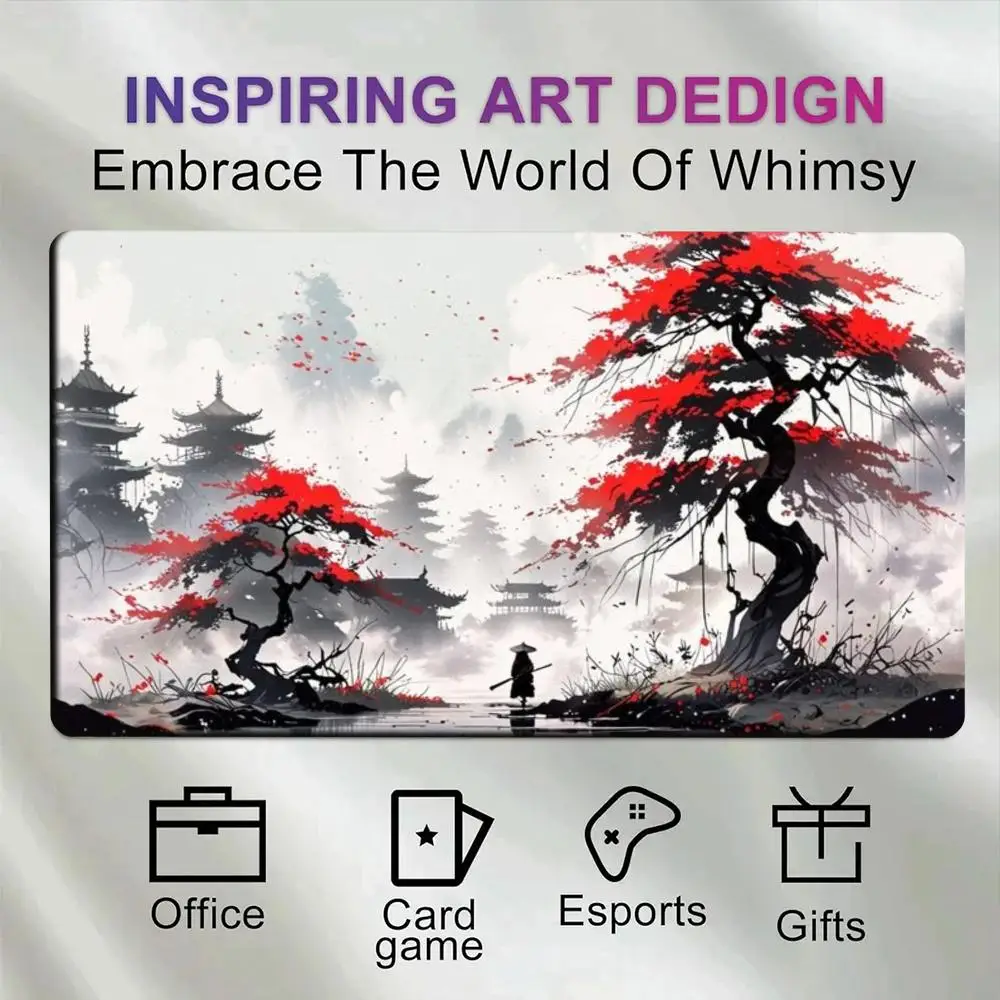 Ink Wash Ancient Pagoda Samurai Art Playmat, Non-Slip Rubber Large Desk Pad Gaming Mousepad for Trading Card Game PC Gaming Gift