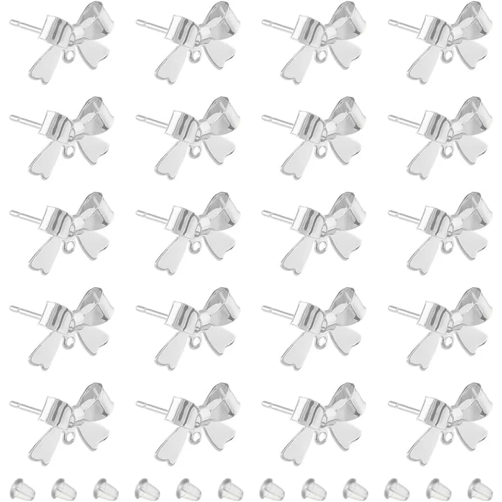 

20Pcs Bowknot Stud Earrings Platinum Brass Stud Earring Findings with Loop Bow Dangle Earrings with 40Pcs Plastic