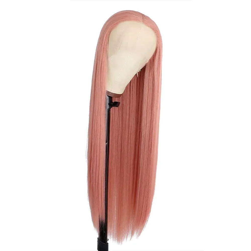 FANXITION Salmon Pink Long Silky Straight Wigs Synthetic Lace Front Wigs with Middle Part Natural Hairline Halloween Party Use