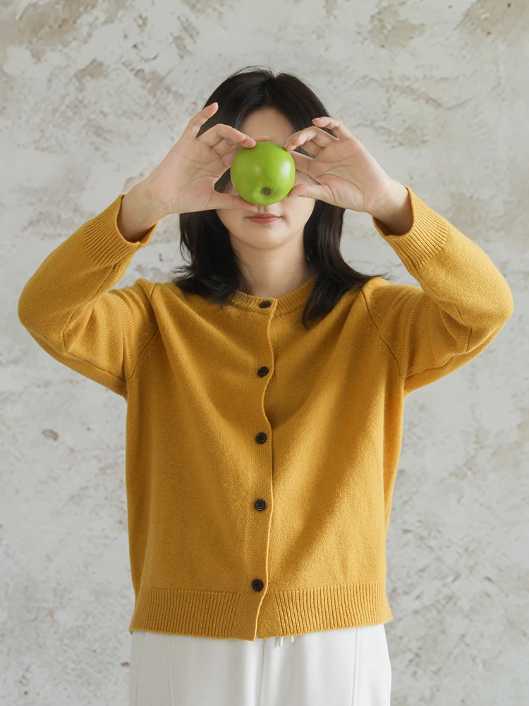 

Yellow Woolen Knitted Sweater Women's ort round Ne Cardigan Casual Comfortable Warmth Fall New Sle 00% Pure Wool Coat