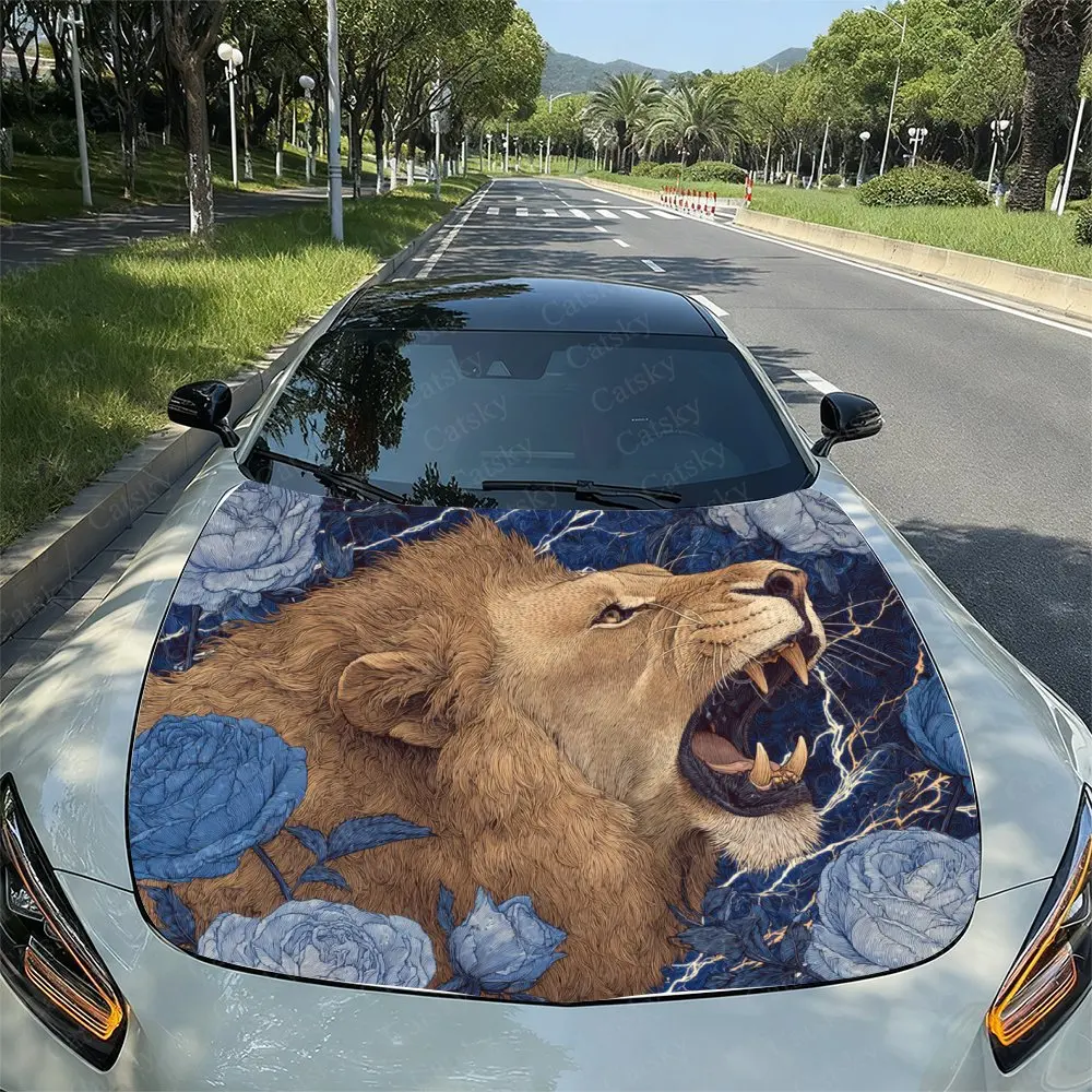 

Mighty Lion Blue Rose Lightning Design Car Hood Sticker-self-adhesive PVC Vinyl Film, Waterproof And Scratch Resistant, Easy To
