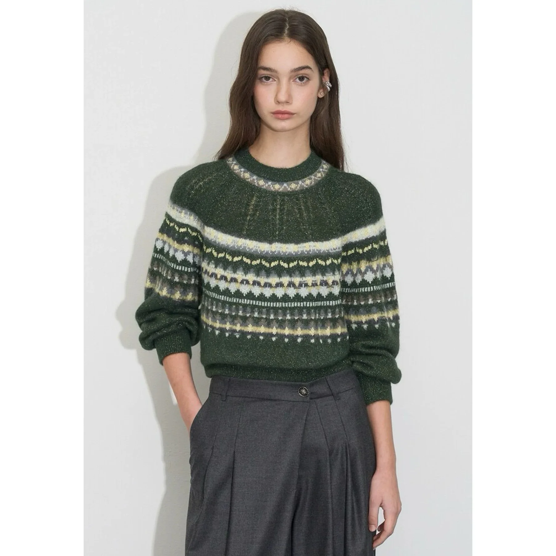 レモンチーズ OBZ25 冬用アンチエイジング ファッション レトロカラー ブロ柄ニット ウールニット レディース通勤用