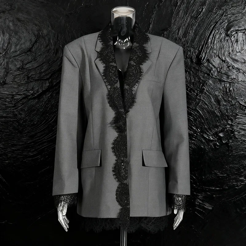 

Stylish 2025 Autumn New Style Lace-trimmed Embroidered Lapel Elegant Gray Suit Jacket Пиджак Женский