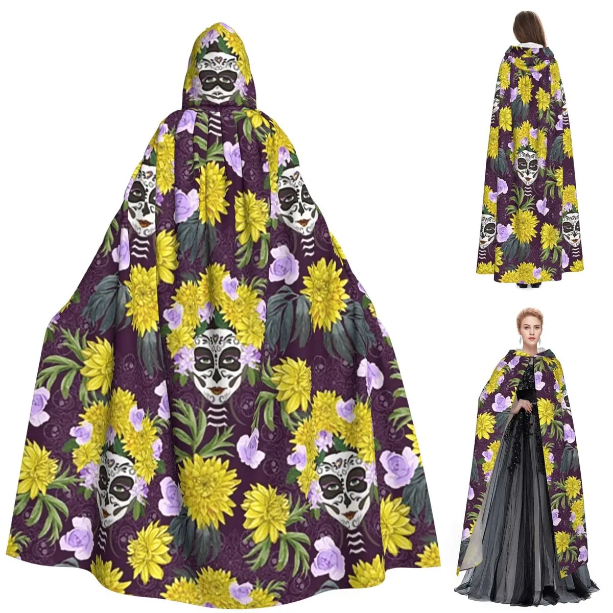 

Sugar Skulls Long Hooded Cloak Witch Medieval Costume Cosplay Cape Unisex