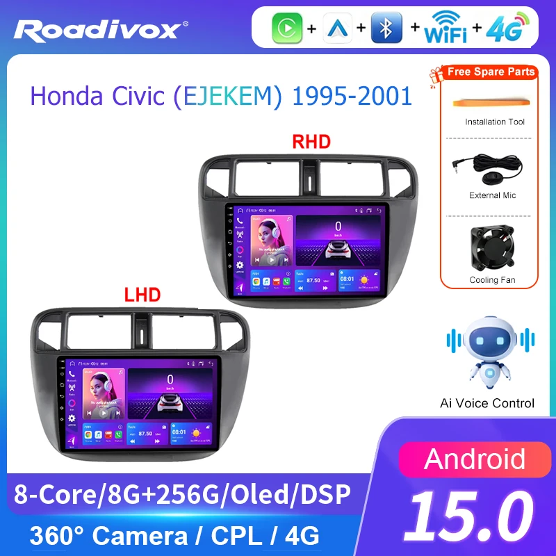 AI VOICE roadivox Android car radio for Honda Civic (EJEKEM) 1995 2001 stereo GPS Navigation video Multimedia Player tape