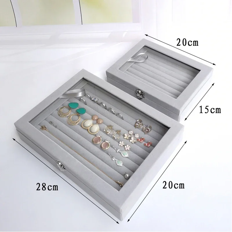 Velvet & Glass Jewelry Display Organizer Box - Tray Holder Storage Case for Rings & Earrings