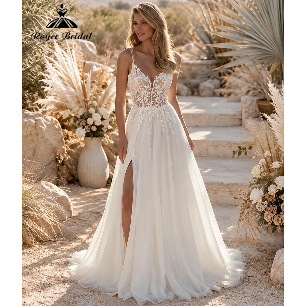 Roycebridal V Neck Sexy A Line Wedding Dresses 2027 Applique Bow Boho Beach Bridal Gown Customized vestido de novia