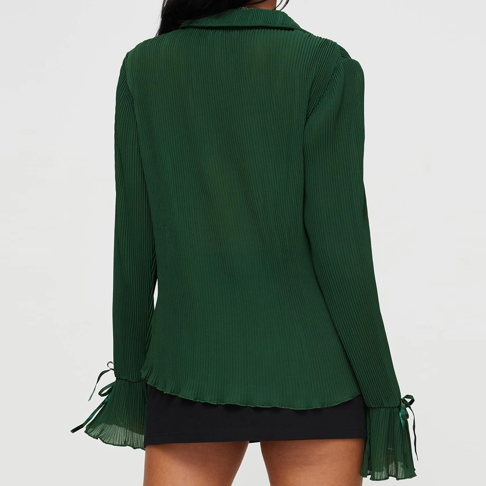 

Женские плиссированные рубашки, однотонная блузка на пуговицах с длинными расклешенными рукавами и воротником для повседневной носки, уличная одежда для активного отдыха