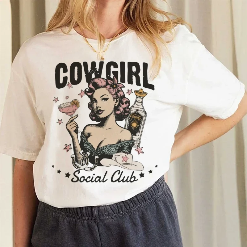 T-Shirt Coast Cowboy Bow Pattern Fashionable Printed Cartoon Sweet and Cute White Top Casual O-Neck Harajuku Women's T-Shirt