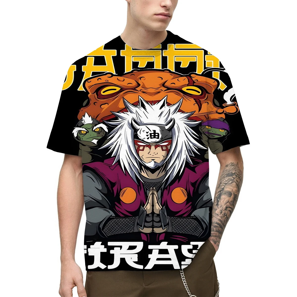 T-shirt da uomo con stampa 3D Naruto Anime Jiraiya T-shirt grafica con personaggio Toad Summons Design con elementi di testo giapponese per la moda casual