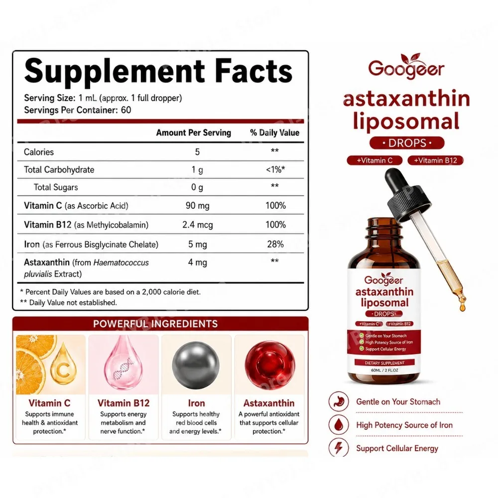 Astaxanthin Liposomal Drops, Support Cellular Energy & Antioxidant Protection, Astaxanthin Vitamin C B12 Iron Liquid Drops, 60ML