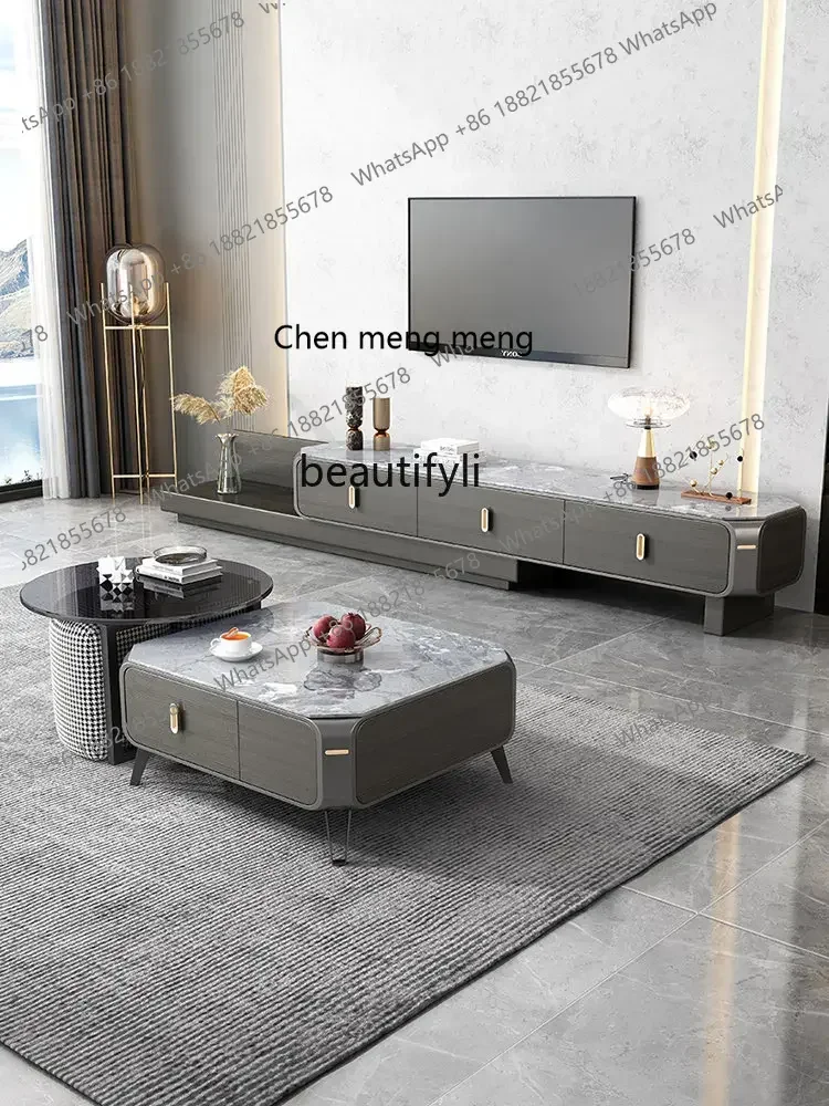 

Stone Plate TV Cabinet and Tea Table Combination Household Small Apartment Nordic Italian Oval Telescopic Floor Cabinet