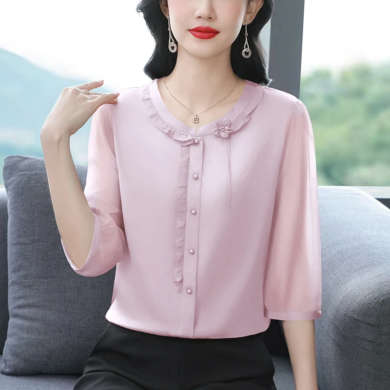 

2025 Summer Round Neck Women Clothing New Fashion Office Lady Shirt 3/4 Sleeve Silk Chiffon Blouse Tops