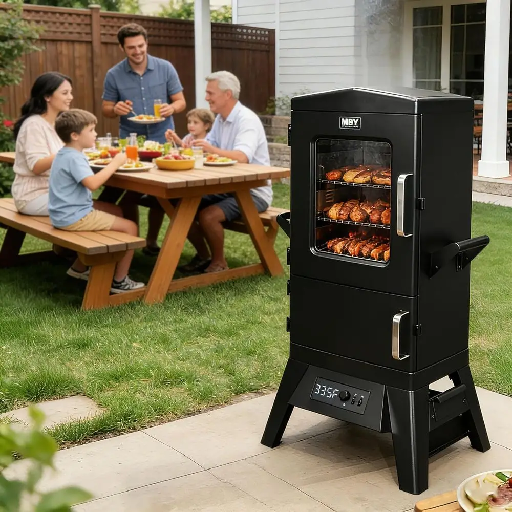 Large Capacity BBQ Electric Smoker with Cover, LED Display, Built-in Meat Probe, 4 Racks, 633 sq in Cooking Area, Black