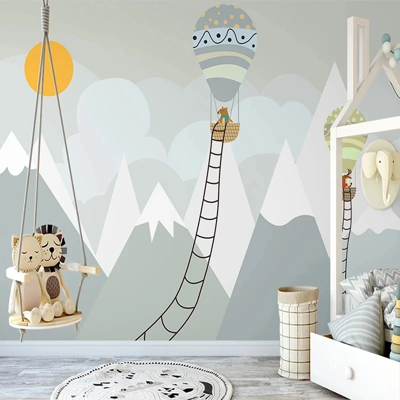 Customized 3D Wallpaper Modern Hand Painted Snow Mountain Animal Hot Air Balloon Mural Children's room Living room bedroom study