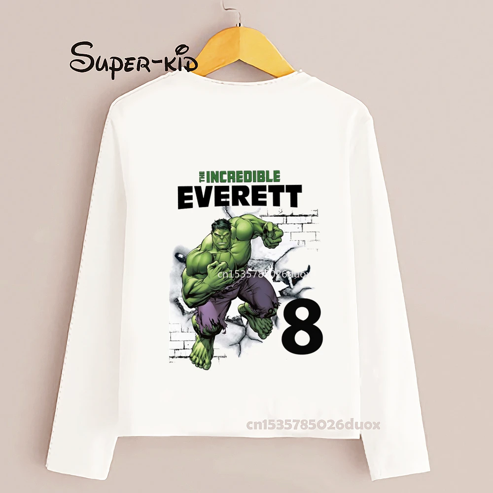 Boy 3 4 5 6 7 8 Years The Hulk Customized Name Birthday Long Sleeve T-shirt Kid MARVEL The Hulk Birthday Fashion Bottoming Shirt