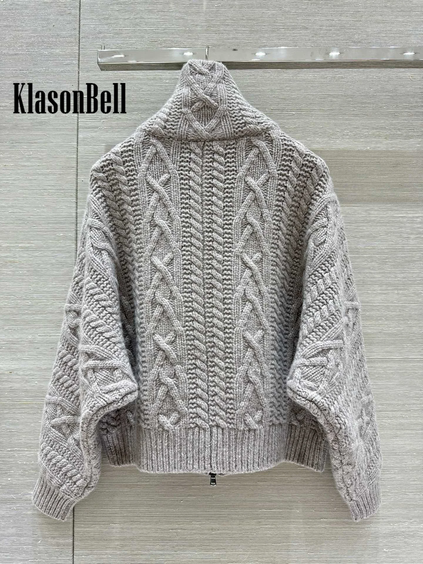 9.25 KlasonBell Women\'s Bead Chain Lace-up Zipper Classic Cashmere Knit Thick Cardigan Twist Turn-down Collar Loose Coat