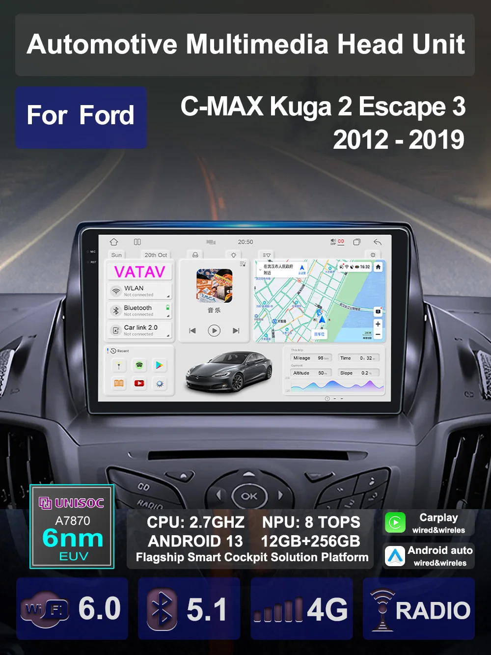 For Ford C-MAX Kuga 2 Escape 3 2012-2019 Car Android Multimedia AI Voice Carplay Auto GPS stereo Radio Video Player Head Unit