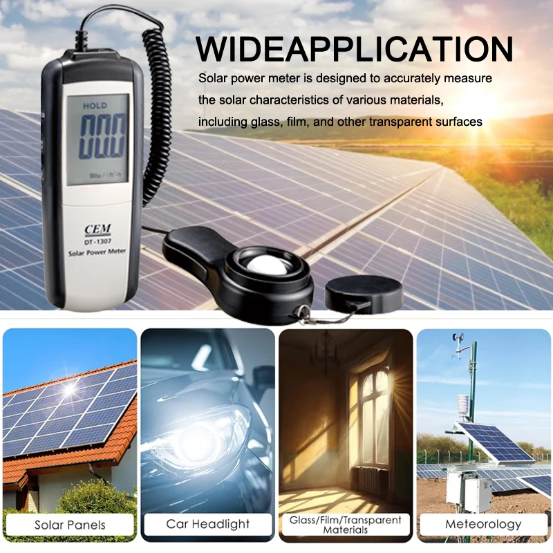 CEM DT-1307 Handheld Solar Power Meter Digital Solar Irradiance Meter with 2000 W/m2, 634 BTU / (ft2 · h) Measuring Range