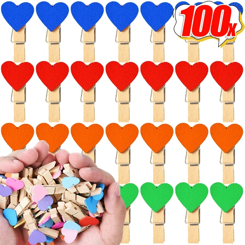 10/100pcs Wooden Love Heart Photo Clips Colored Memo Paper Pegs Clothespin Stationery Valentine's Day Wedding Party Craft Decor