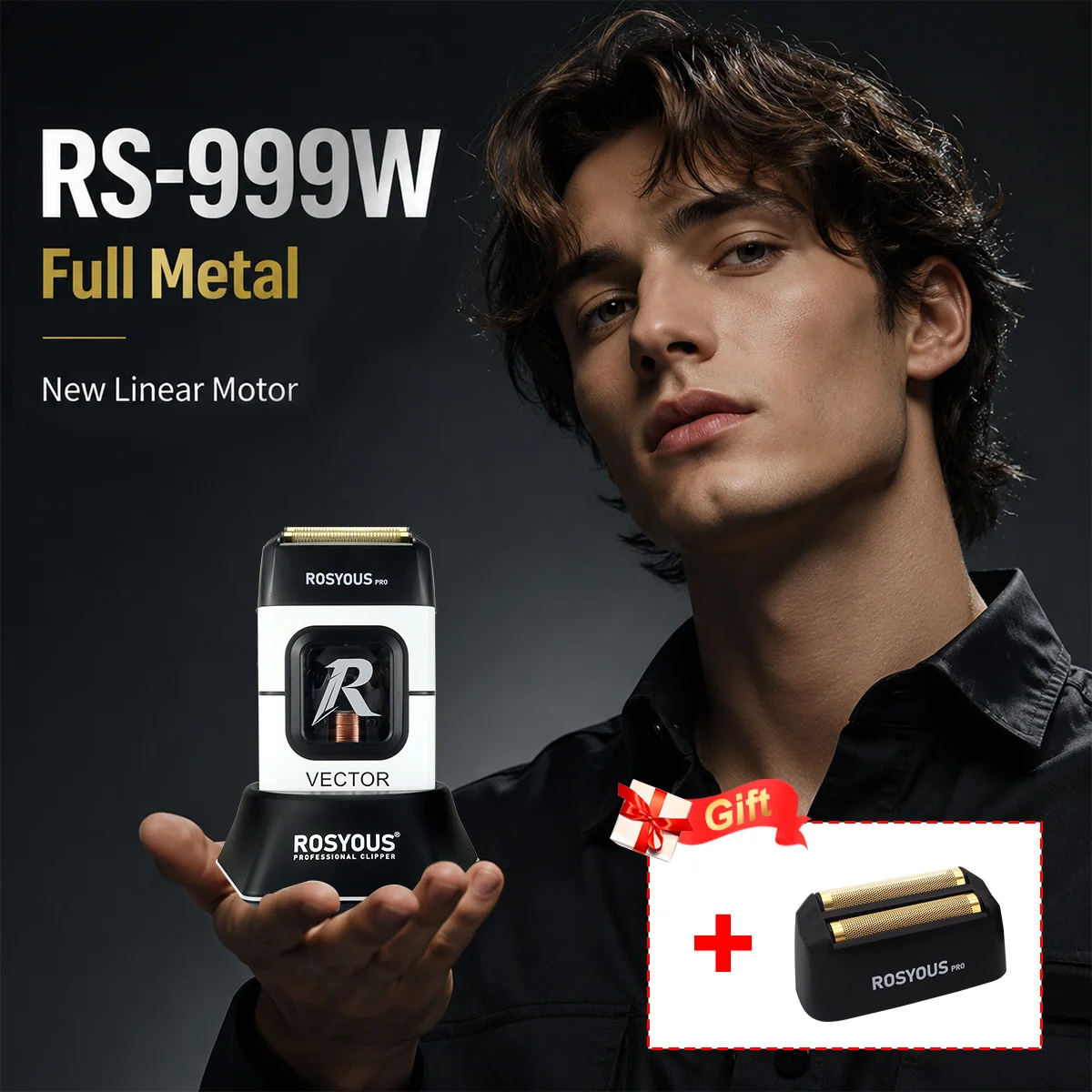 ROSYOUS RS-999W Professional Foil Shaver 13000RPM Vector Magnetic Motor Full Metal with Dock Double Foil Men's Barber Machine
