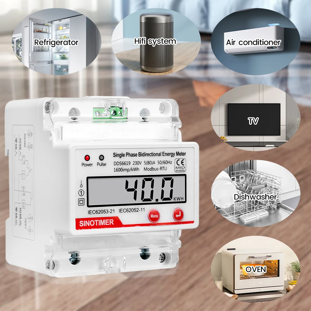 Single Phase AC 230V 60A Electricity Energy Meter KWH RS485 Modbus RTU Communication Pulse Output Power for Electrician Tool