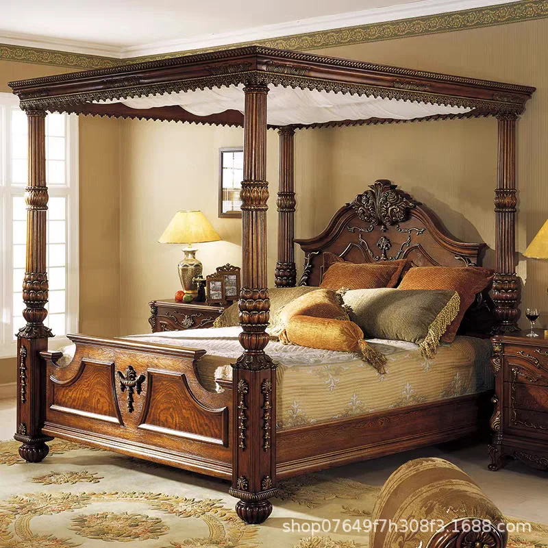 DSA solid wood carving flower master bedroom Roman column double bed high-grade retro log bed