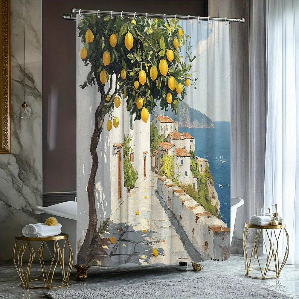 Waterproof Shower Curtain with a Vibrant Lemon Tree and Coastal Village Scene for a Mediterranean Inspired Bathroom Decor