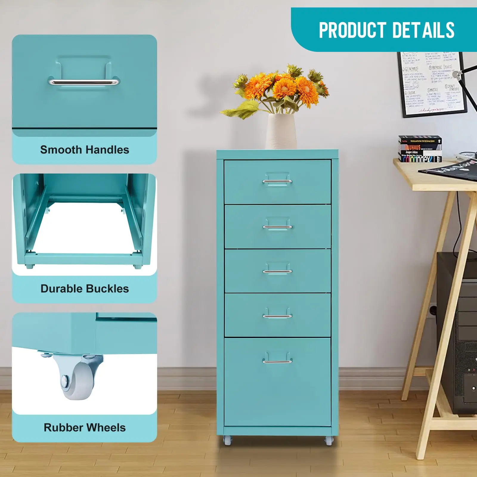 Metal File Storage Cabinet, 5 Drawer under Desk Filing Cabinets with Wheels, Mobile Home Office Furniture for A4 Legal/Letter Size