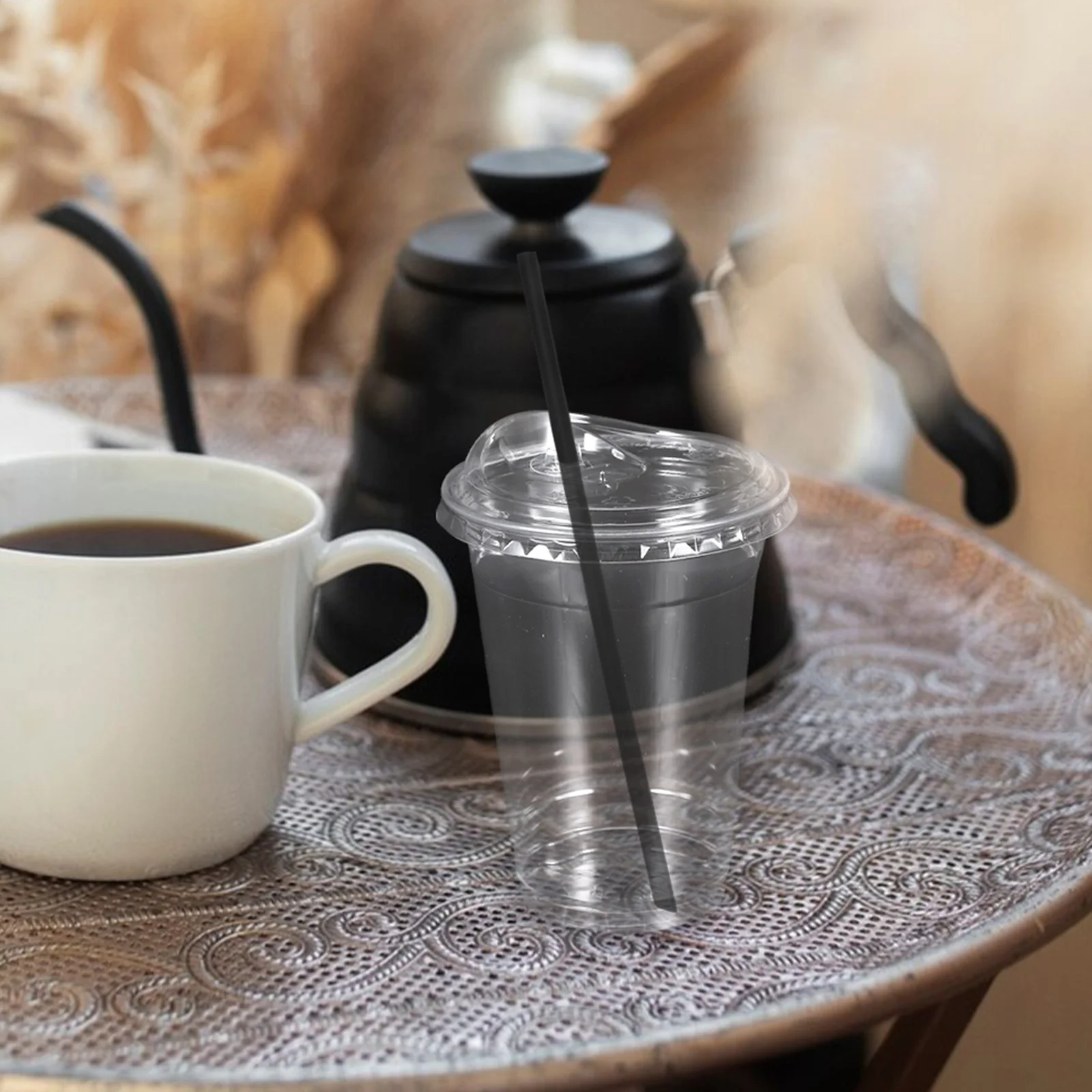 

100 Sets 90mm Coffee Disposable Cups With Lids PET Clear Plastic Lids for Cold Drinks Coffee Cups Smoothies Tea Party Shop Use