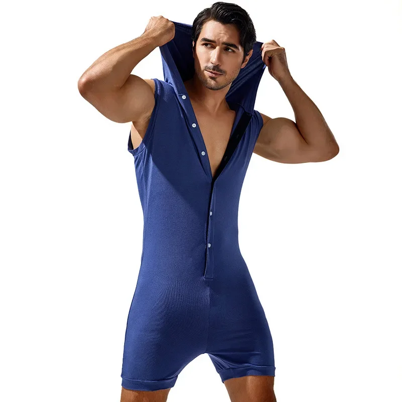 Men's Sexy Onesie Bodysuit Sleeveless Hooded Button Modal Undershirt Elastic Tight Fitting Loungewear Pajamas Jumpsuits Singlets
