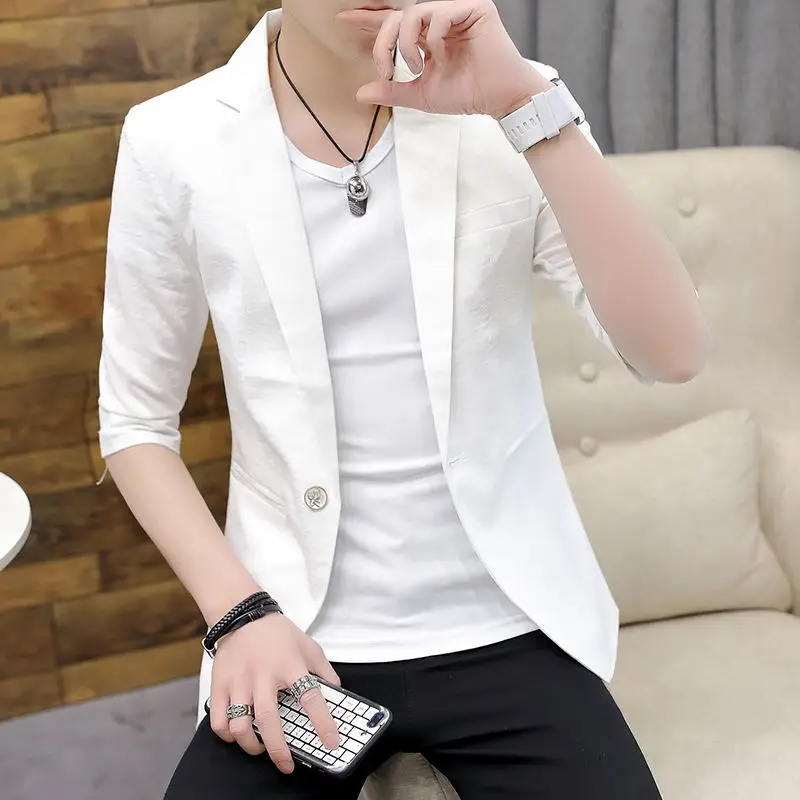 

Slim Fit Men's Summer New Sle f Sve Thin Pure Color Suit Jaet Korean Trend Busin Casual irt Youth Vitali Sle