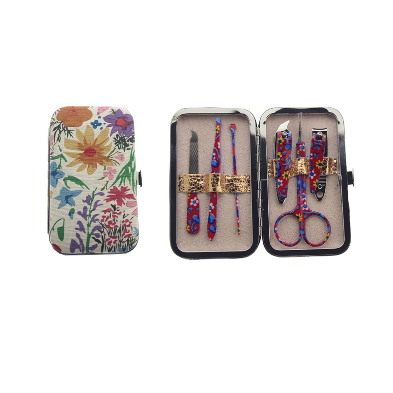 6 in 1 Soft Cover Flower Printed Travel Manicure Pedicure Set Kit Tool For Women Men Girl Boy Holiday Christmas Gift Gift