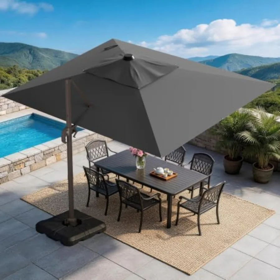 9x12FT Cantilever Patio Umbrella, Recgle Offset Umbrella 7 Angle Tilts and 360° Rotation, Large Heavy Duty Outdoor Sun Umbrella