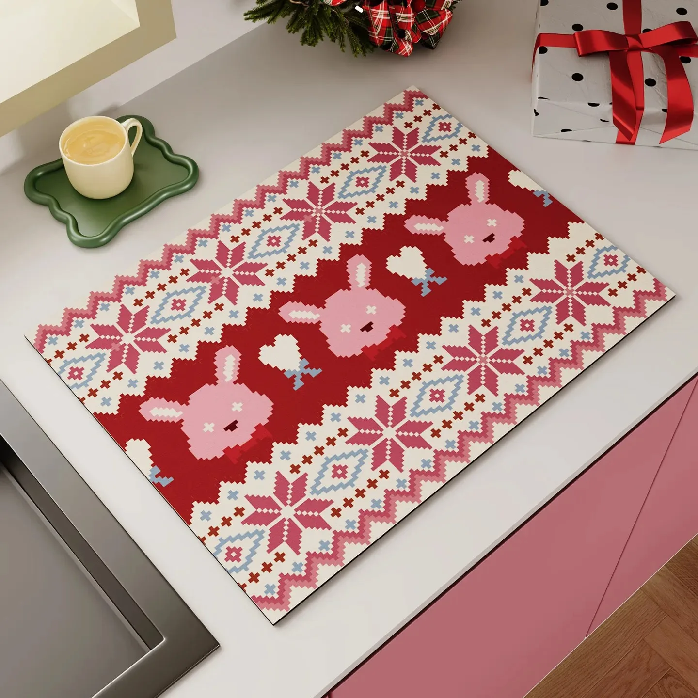 Christmas Snowman Elk Kitchen Counter Drying Mat Water Absorption Non-Slip Heat Resistant Dish Drain Pad Holiday Kitchen Decor
