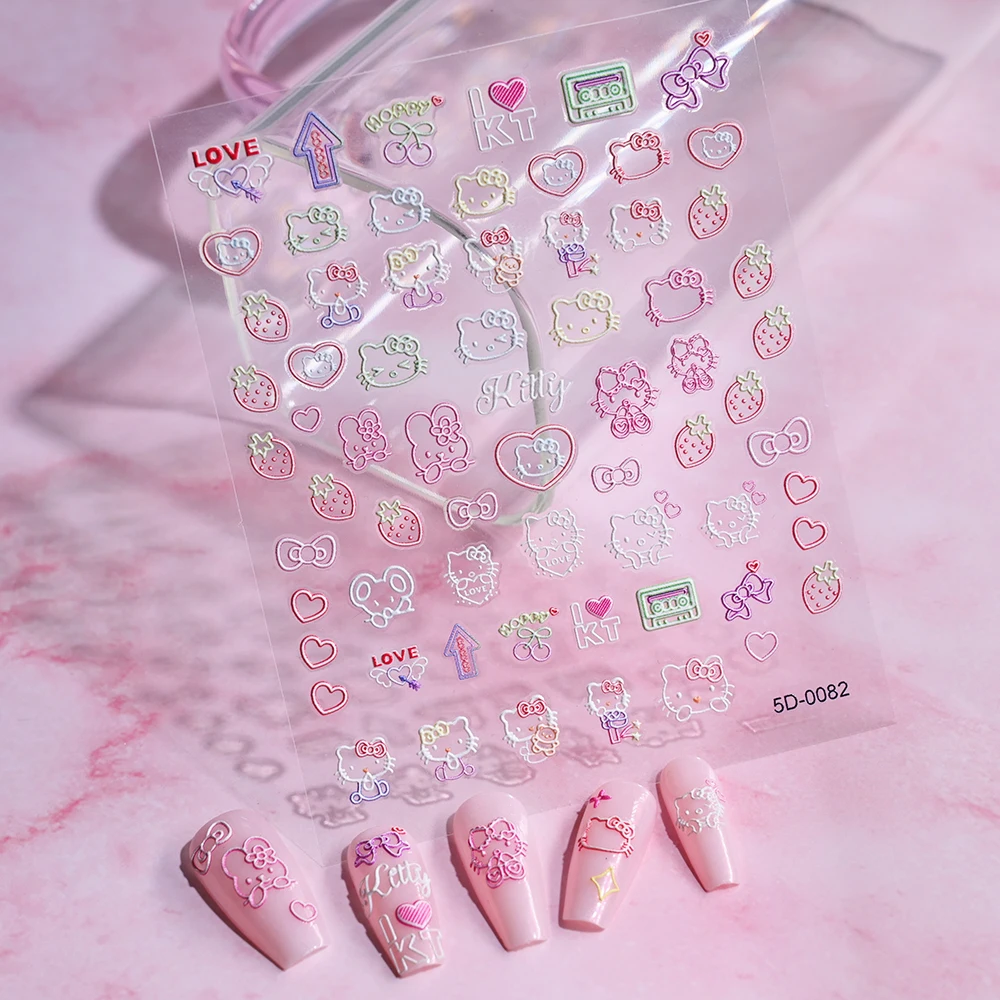 1 pièces 5D dessin animé bronzage Hello Kitty autocollant pour ongles Kawaii Hawaii mignon noir Hello Kitty autocollant pour ongles Kitty manucure curseur Art décor