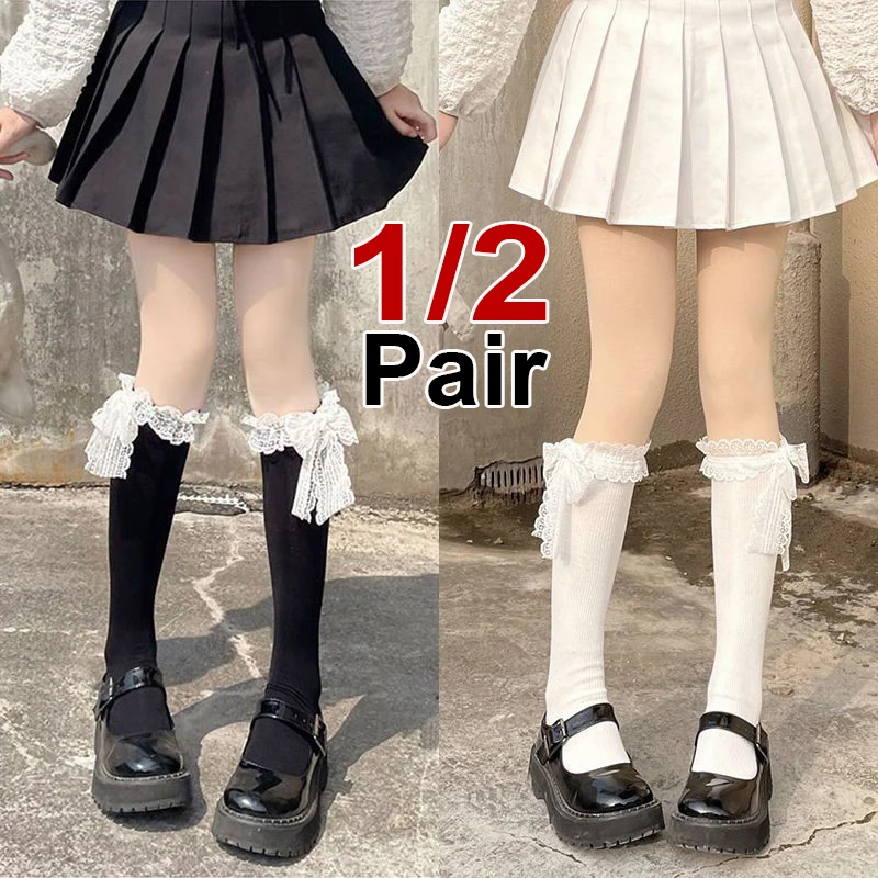1/2 Paar Damen-Wadensocken mit Schleifenband, modisch, Lolita, JK, süßer Stil, weich, bequem, atmungsaktiv, für alle Jahreszeiten, allgemeine Freizeitsocken