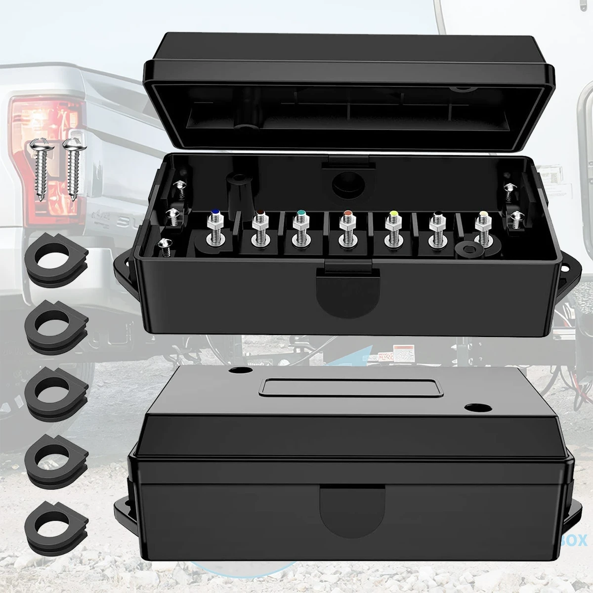 

7 Way Electrical Trailer Wire Junction Box 7 Gang Trailer Wire Connection Box RV Light Cord Plug Wiring Block Holder Universal