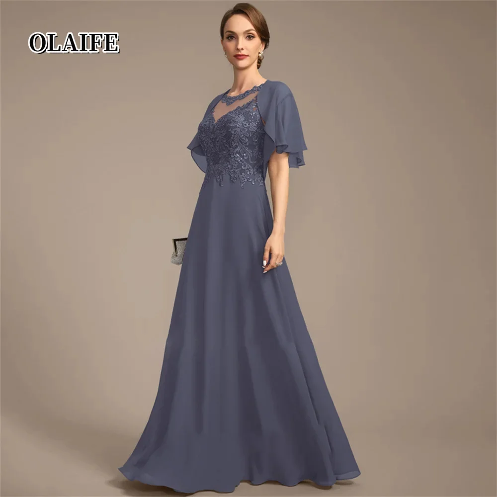 Neue U-Ausschnitt Mutter der Braut Kleid bodenlangen Chiffon Spitze A-Linie Abendkleider Vestidos Mae da Noiva Casamentos